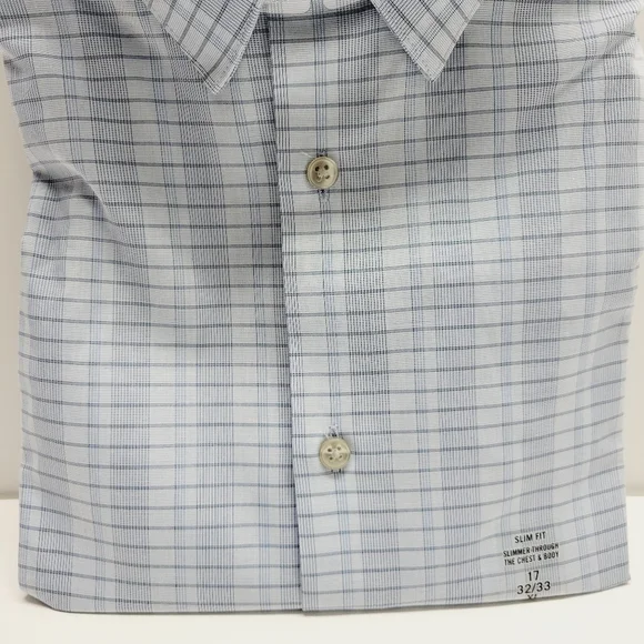 Calvin Klein STEEL+ Slim-Fit Non-Iron Stretch Blue Check Dress Shirt 17 32/33 XL - Picture 14 of 14